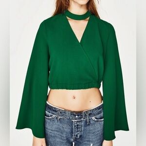 Zara Green belled sleeve crop top with choker